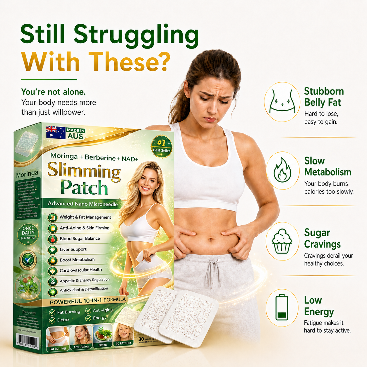 Target Stubborn Belly Fat with Moringa, Berberine & NAD+ 10-in-1 Nano Microneedle Slimming Patches for Metabolism, Appetite, Skin & Energy Support