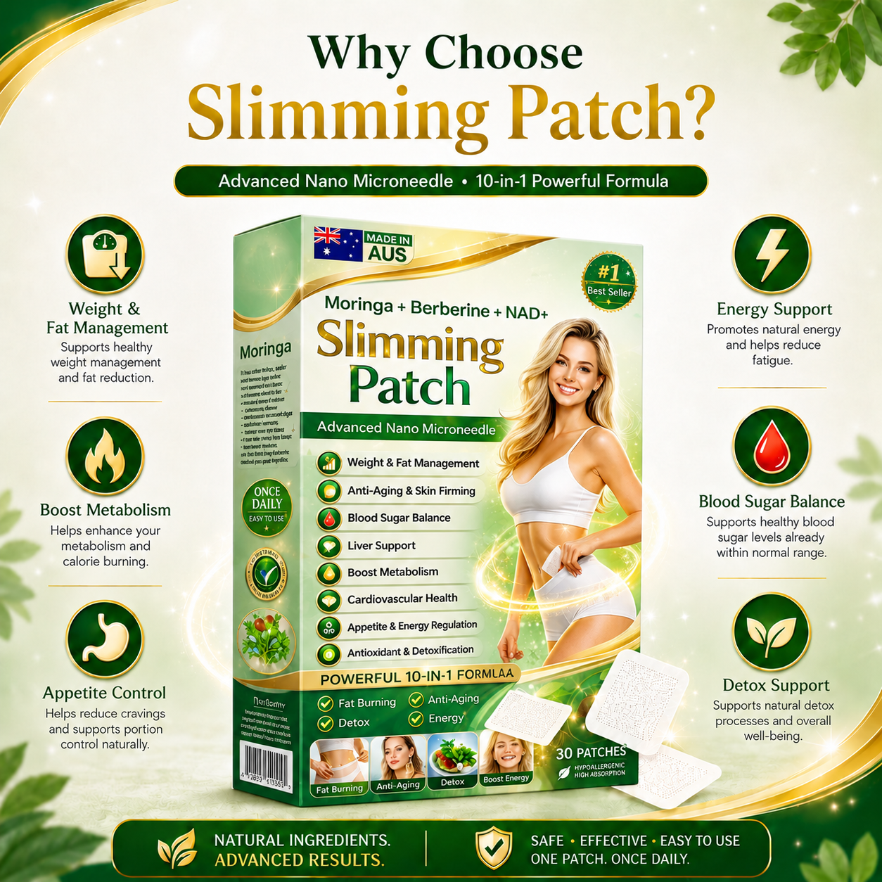 Target Stubborn Belly Fat with Moringa, Berberine & NAD+ 10-in-1 Nano Microneedle Slimming Patches for Metabolism, Appetite, Skin & Energy Support