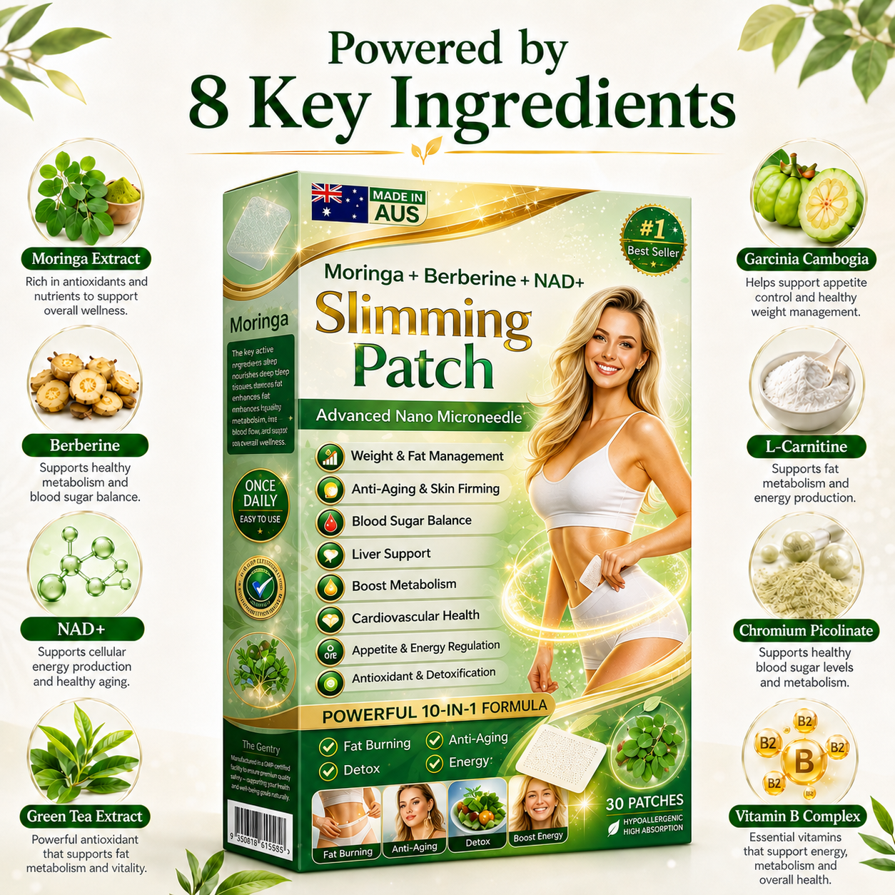 Target Stubborn Belly Fat with Moringa, Berberine & NAD+ 10-in-1 Nano Microneedle Slimming Patches for Metabolism, Appetite, Skin & Energy Support