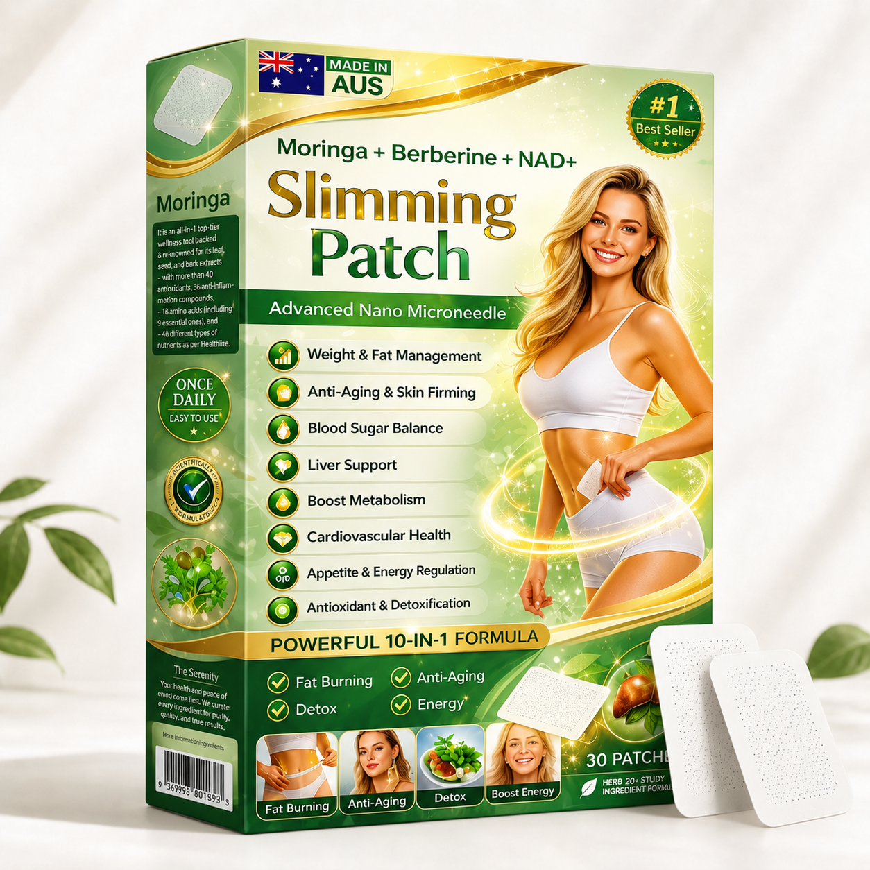 Target Stubborn Belly Fat with Moringa, Berberine & NAD+ 10-in-1 Nano Microneedle Slimming Patches for Metabolism, Appetite, Skin & Energy Support