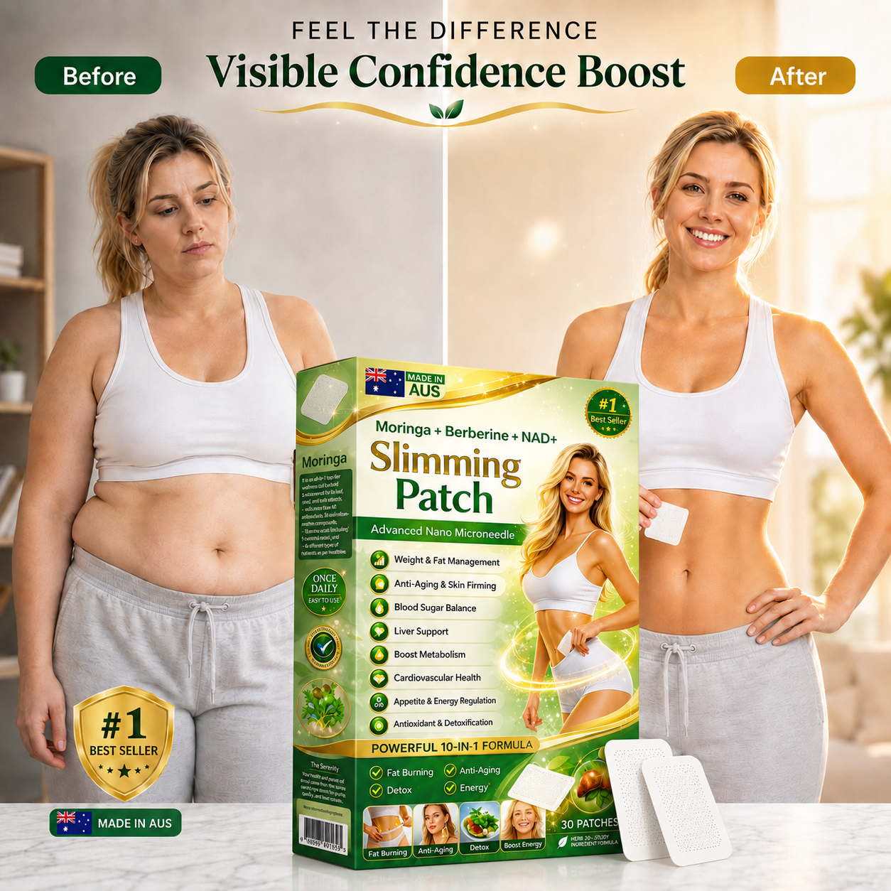 Target Stubborn Belly Fat with Moringa, Berberine & NAD+ 10-in-1 Nano Microneedle Slimming Patches for Metabolism, Appetite, Skin & Energy Support